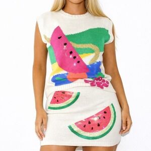 90s Vintage Watermelon Print Sweater White Knit Top Womens M Statement Novelty